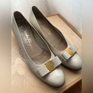 Salvatore Ferragamo Vintage Leather Kitten Heels with Gold Bow